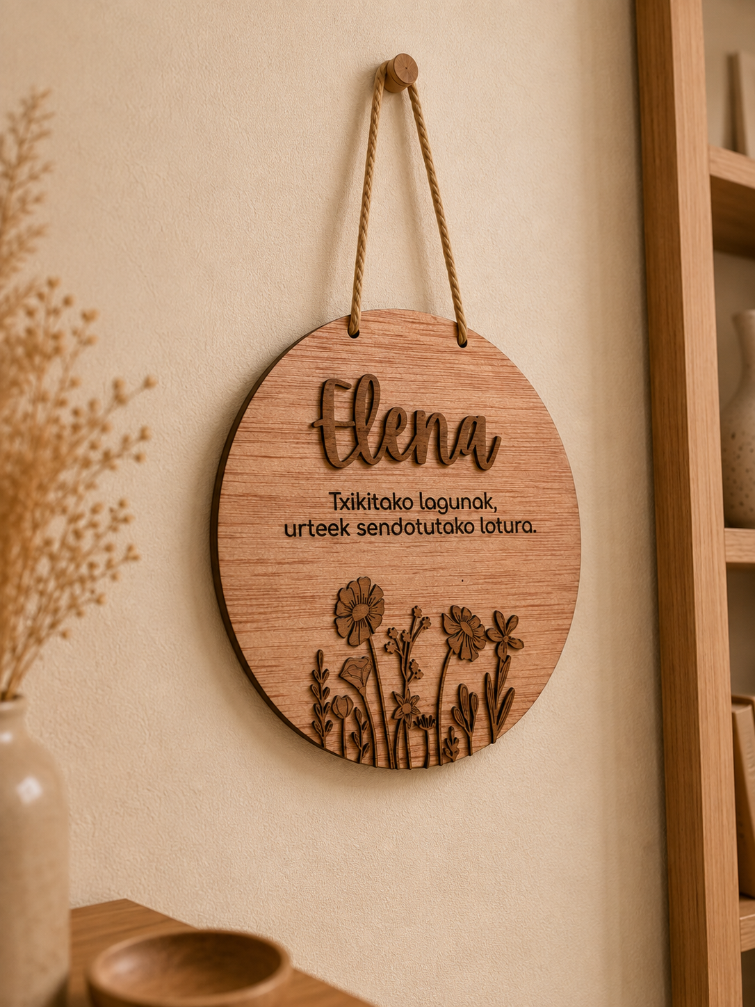 Placa personalizada en madera flores